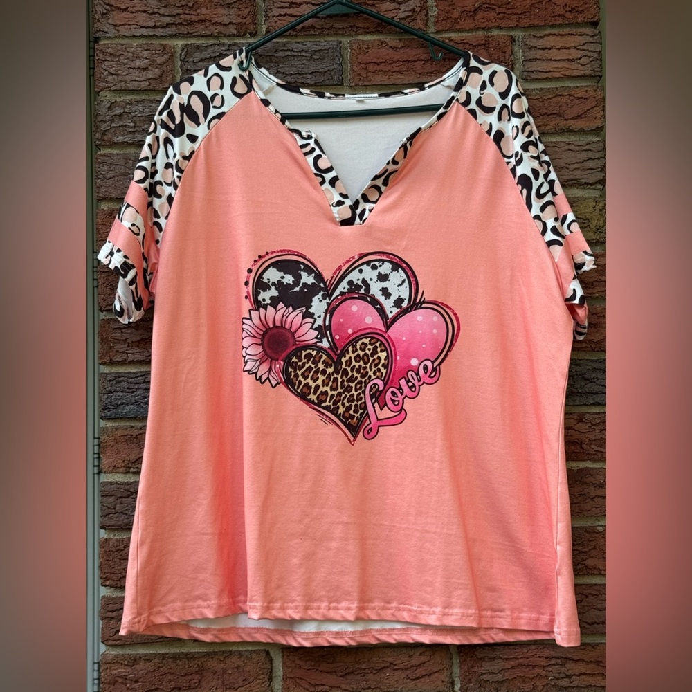 Pink Heart Graphic Top with Animal Print Sleeves